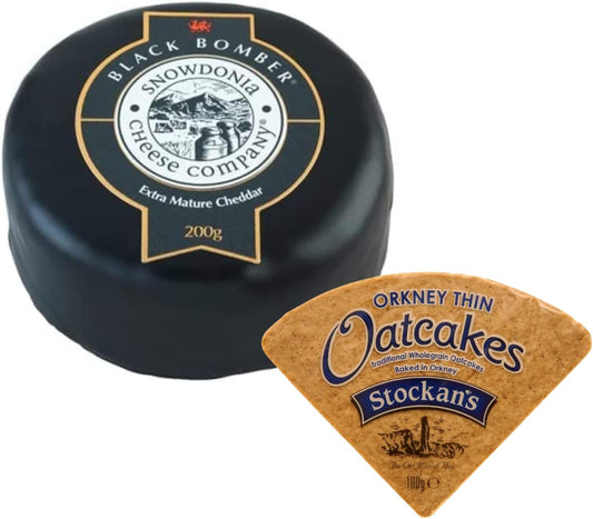 Snowdonia Black Bomber Extra Mature Cheddar Cheese Gift Hamper 200G With Stockan'S Thin Orkney Oatcakes Crackers For Cheese Gift Baskets Cheese Board Set