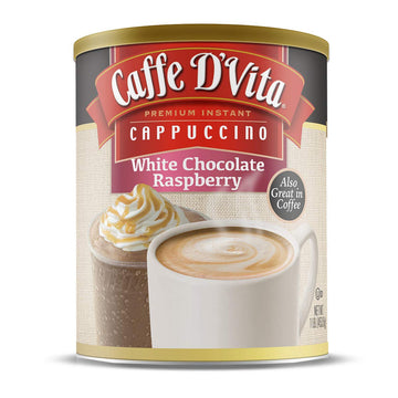 Caffe D’Vita White Chocolate Rasberry Cappuccino Mix - Instant Cappuccino Mix, Gluten Free, No Cholesterol, No Hydrogenated Oils, 99% Caffeine Free, White Chocolate Powder - 16 Oz Can, 6-Pack