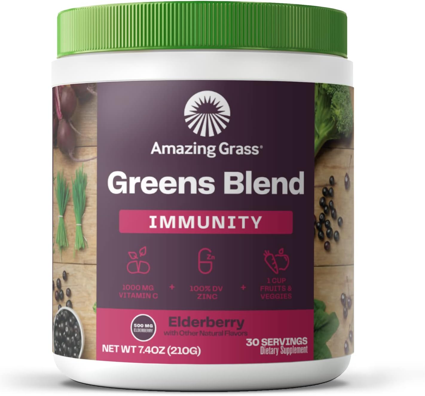 Amazing Grass Greens Superfood For Immune Support: Greens Powder With Organic Spirulina, Chlorella, Beet Root Powder, Digestive Enzymes & Probiotics, Elderberry, 30 Servings