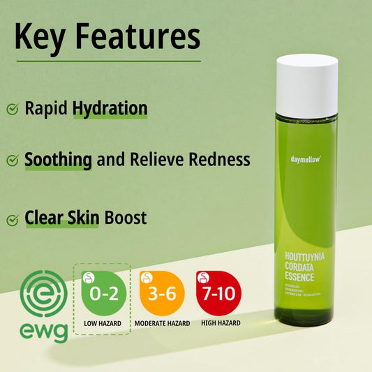 Daymellow Houttuynia Cordata Real Soothing Essence Toner 5.07Fl.Oz/150Ml, Face Toner, Heartleaf, Centella, Tea Tree, Hydrating, For All Skin Types, Acne, Soothes Redness Facial Essense Korean Skincare