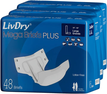 Livdry Megabriefs Adult Diapers With Tabs, Max 12-Hour Capacity, Super Absorbent Incontinence Underwear, Leak Protection Briefs, Large, 48-Pack