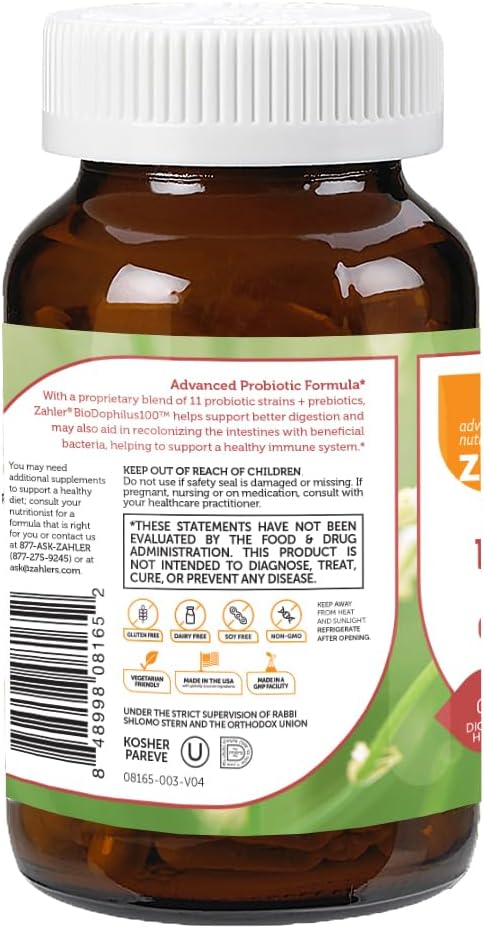 Zahler Biodophilus100, All Natural Advanced Probiotic Acidophilus Supplement, Promotes Digestive Health, 100 Billion Live Cultures And Intestinal Flora Per Serving, Certified Kosher,30 Capsules