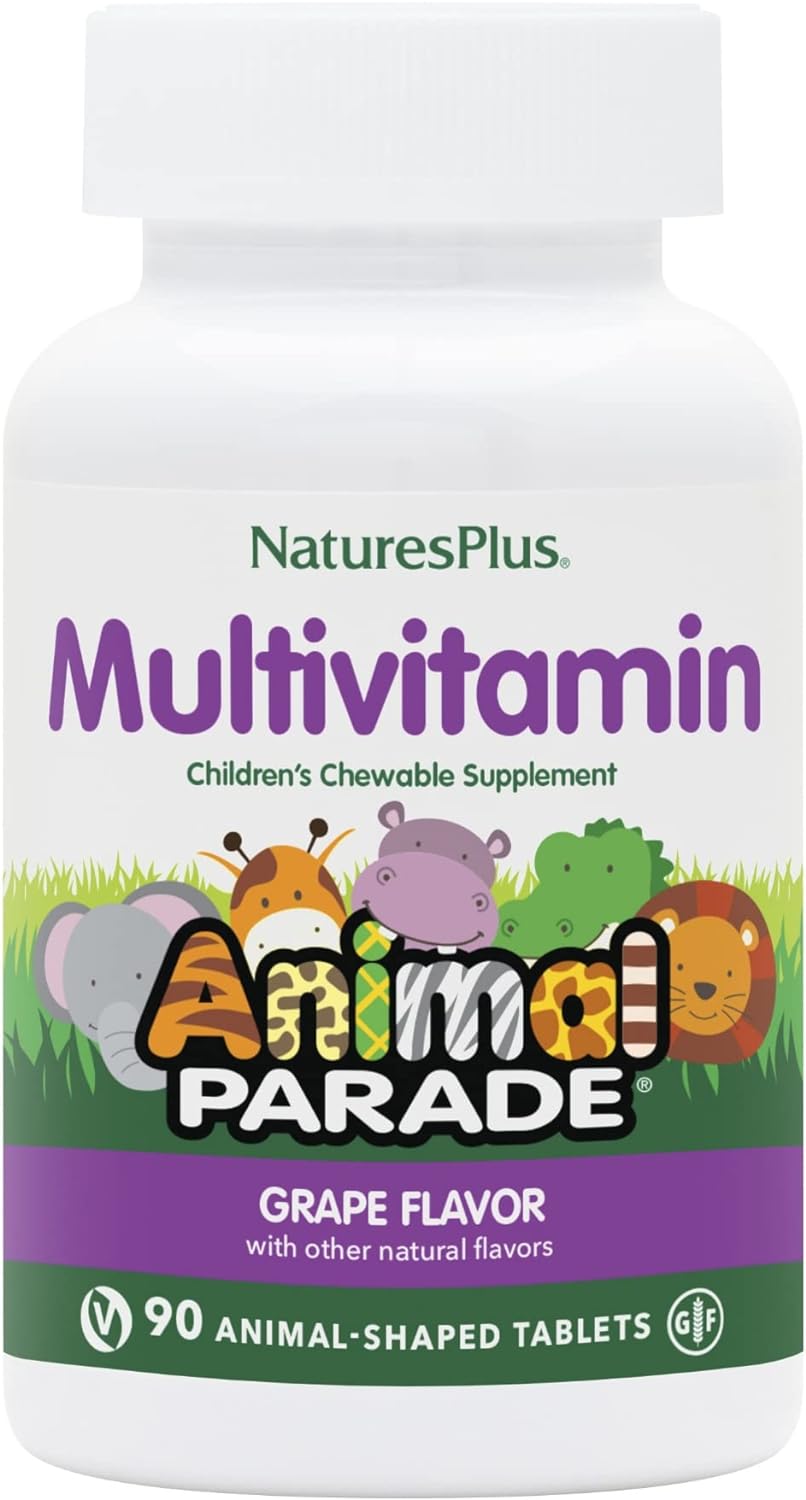 NaturesPlus Animal Parade Children's Chewable Multivitamin - Grape Flavor - 90 Animal-Shaped Tablets - Promotes Health & Well-Being - Vegetarian, Gluten Free - 45 Servings