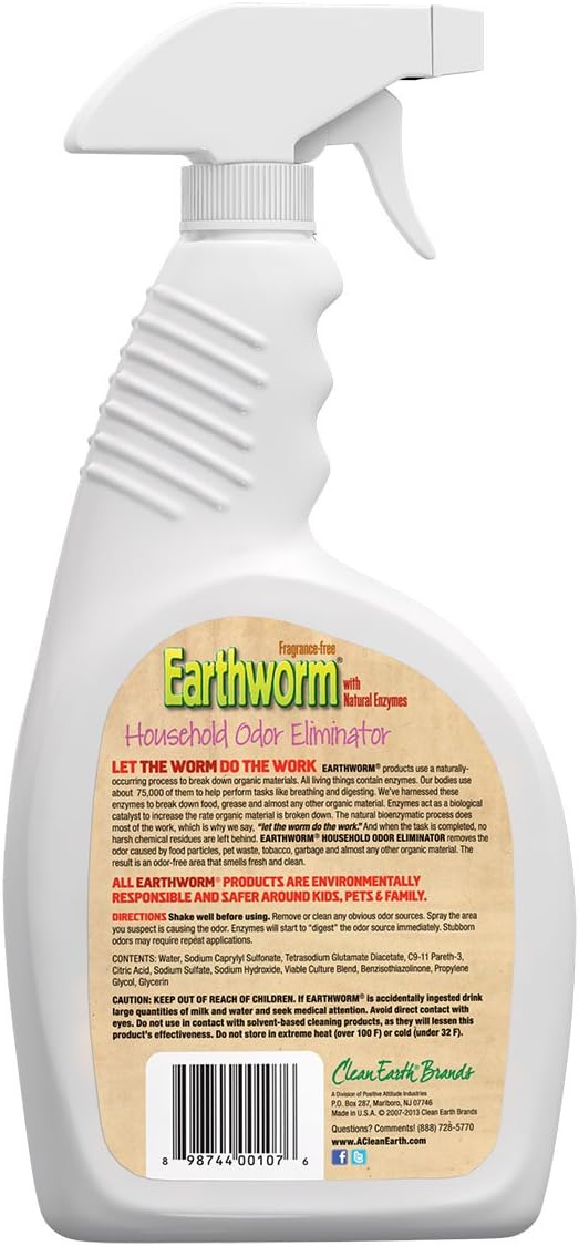 Earthworm Household Odor Eliminator - Natural Enzymes, Safer for Family, Environmentally Responsible, Fragrance Free Spray - 22 oz