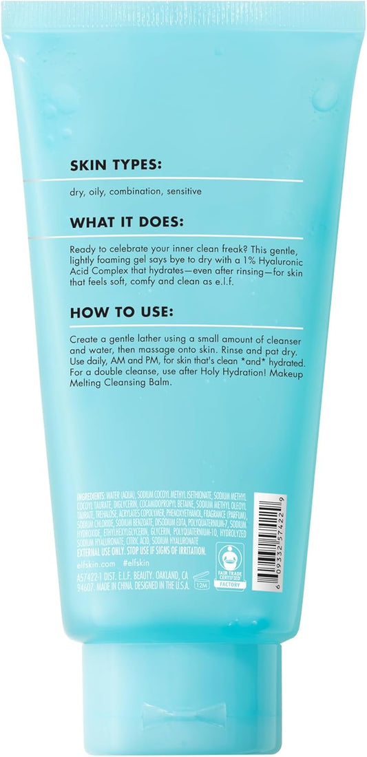E.L.F. Skin Holy Hydration! Clean Freak Daily Cleanser, Gentle Hydrating Gel Face Cleanser, Made With Hyaluronic Acid, Vegan & Cruelty-Free, 30Ml