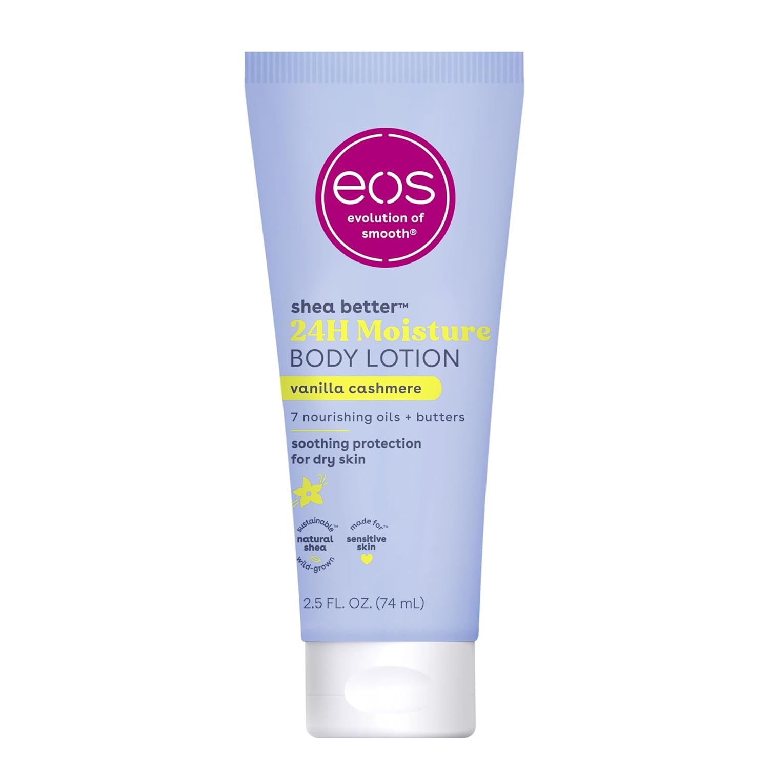 Eos 24H Moisture Travel Body Lotion- Vanilla Cashmere, Travel Size Essential, Toiletries, Mini Body Lotion, 2.5 Fl Oz