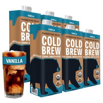 Wandering Bear Organic Vanilla Cold Brew Coffee, 32 Fl Oz, 6 Pack - Extra Strong, Smooth, Organic, Unsweetened, Shelf-Stable, And Ready To Drink Iced Coffee, Cold Brewed Coffee, Cold Coffee