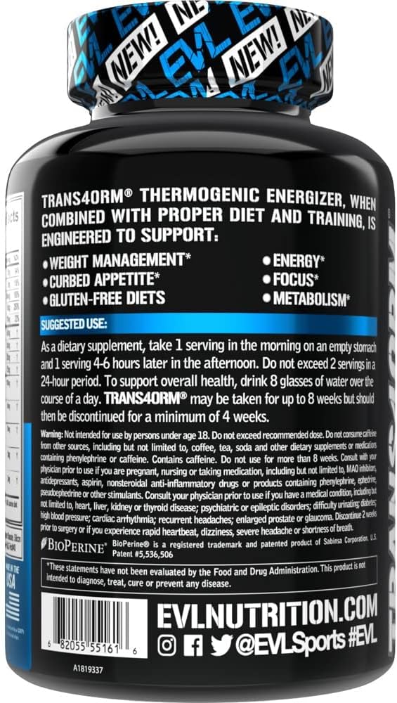 EVL Thermogenic Fat Burner Support - Fast Acting Weight Loss Energy and Appetite Support - Trans4orm Green Tea Fat Burner and Weight Loss Support Supplement for Men and Women - 60 Servings : Health & Household