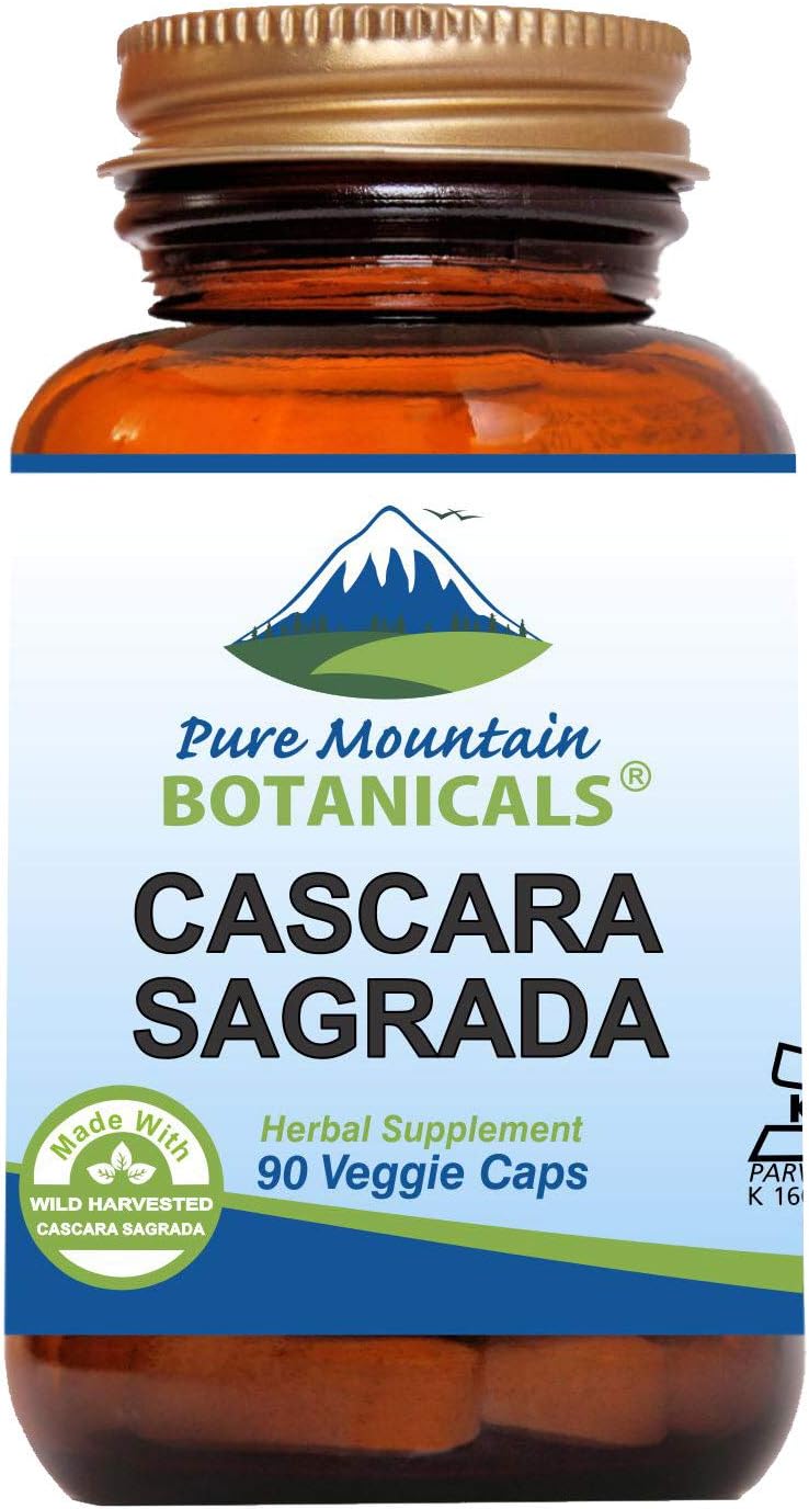 Pure Mountain Botanicals Cascara Sagrada Capsules - 90 Vegan Kosher Caps Now With 400Mg Of Wild Harvest Cascara Sagrada Aged Bark