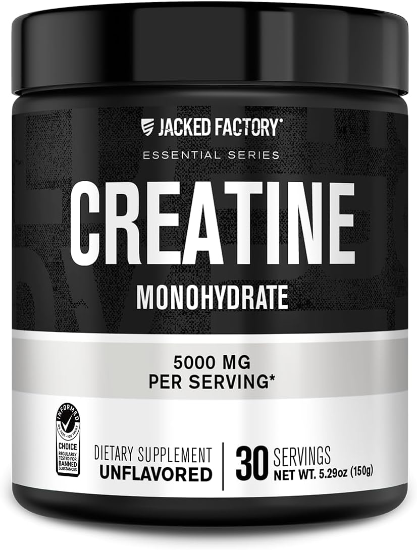 Jacked Factory Creatine Monohydrate Powder 150G - Creatine Supplement For Muscle Growth, Increased Strength, Enhanced Energy Output And Improved Athletic Performance 30 Servings, Unflavored