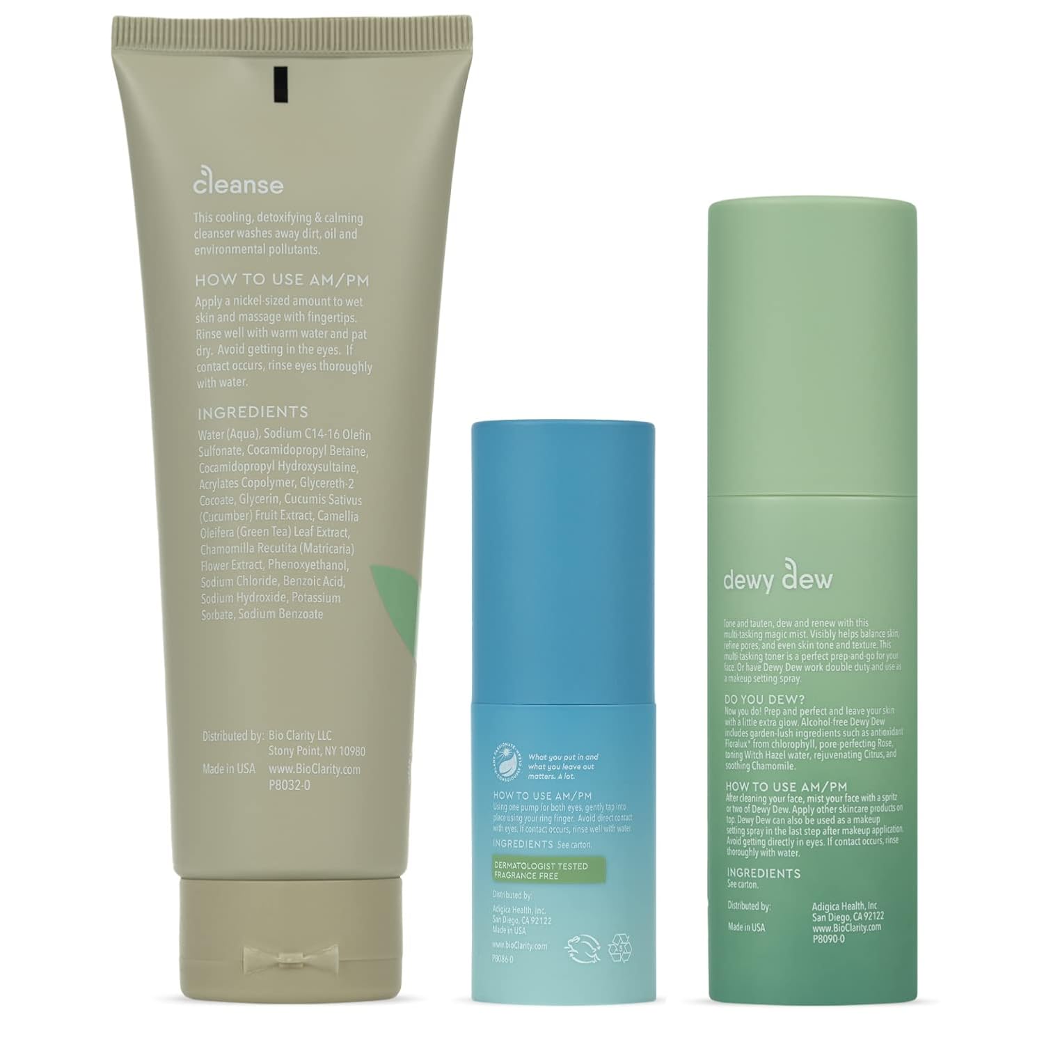 Bioclarity Vegan Face Wash, Toner & Eye Gel Set (3 Piece), Includes Cleanse, Dewy Dew & Eye Will Chill, Gentle Plant-Based Formulas, Effective Hydrating Skincare For All Skin Types : Beauty & Personal Care