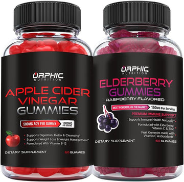 Orphic Nutrition Apple Cider Vinegar Gummies + Elderberry Gummies - Formulated To Support Healthy Weight, Normal Energy Levels & Gut Health* - Immune System Support