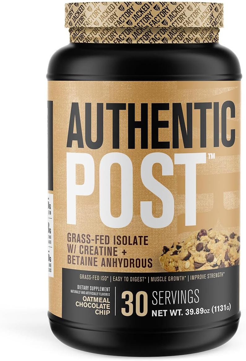 Jacked Factory Authentic Post - Grass-Fed Iso Post Workout Protein Powder With Creatine Monohydrate For Post-Workout Recovery & Enhanced Performance - 30 Servings, Oatmeal Chocolate Chip