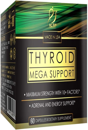 Actif Thyroid Mega Support - Maximum Strength With 10+ Thyroid Factors - Supports Energy, Metabolism, Adrenal Fatigue & Stress Response - Non Gmo, 1 Month Supply, Made In Usa