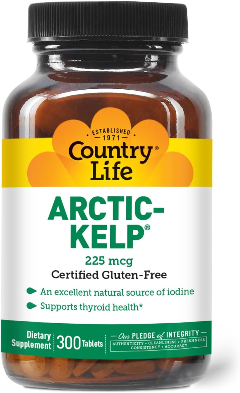 Country Life Arctic Kelp, Iodine Supplement for Thyroid Health Support, 300 Tablets, Certified Gluten Free, Certified Vegan