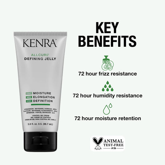 Kenra Allcurl Defining Jelly | Low Hold, No Crunch Gel To Enhance Curls & Fight Frizz | Styling For All Curls | Thermal Protection | 72 Hour Moisture Retention | Wavy, Curly, Coily Hair | 3 Oz