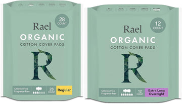 Rael Sanitary Pads For Women Day & Night Bundle - Feminine Care, Unscented, Chlorine Free, Organic Cotton Cover Period Pads With Wings/Regular (28 Count) & Extra Long Overnight (12 Count)