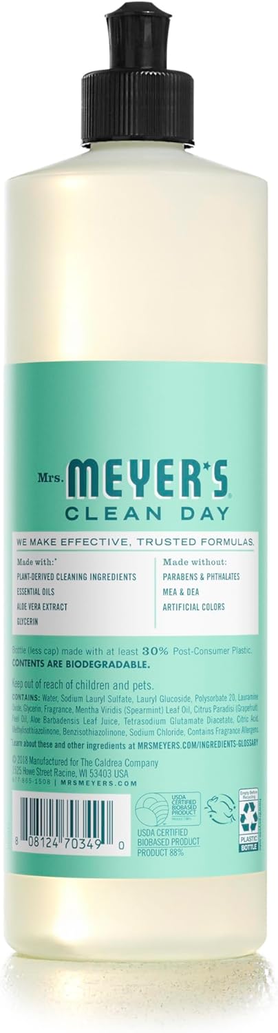 Mrs. Meyer's Clean Day Liquid Dish Soap, Cruelty Free Formula, Mint Scent, 16 oz- Pack of 6