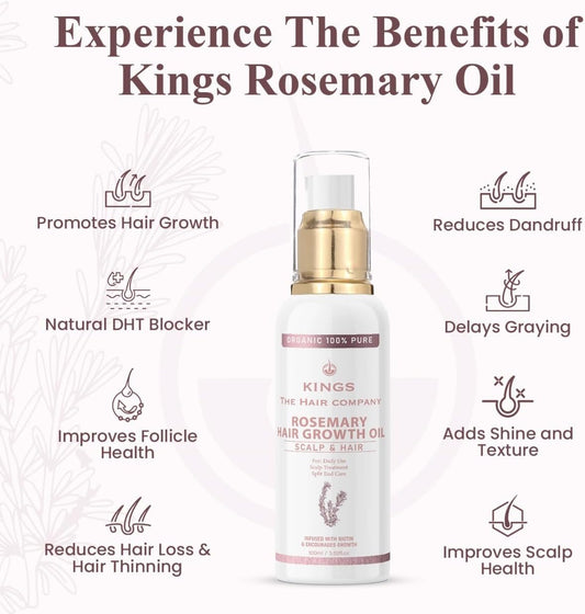 Kings 100% Natural Rosemary Oil With Biotin, Promotes Hair Growth & Prevents Loss, Organic Rosemary Oil For Hair Growth - Hair Fall Solution For Dry, Damaged Hair For Men And Women – 100 Ml