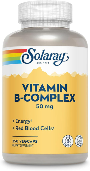 Solaray Vitamin B Complex 50Mg - Healthy Energy Supplement - Red Blood Cell Formation, Nerve And Immune Support - Super B Complex Vitamins W/Folic Acid, Vitamin B12, B6 And More, Vegan, 250 Vegcaps