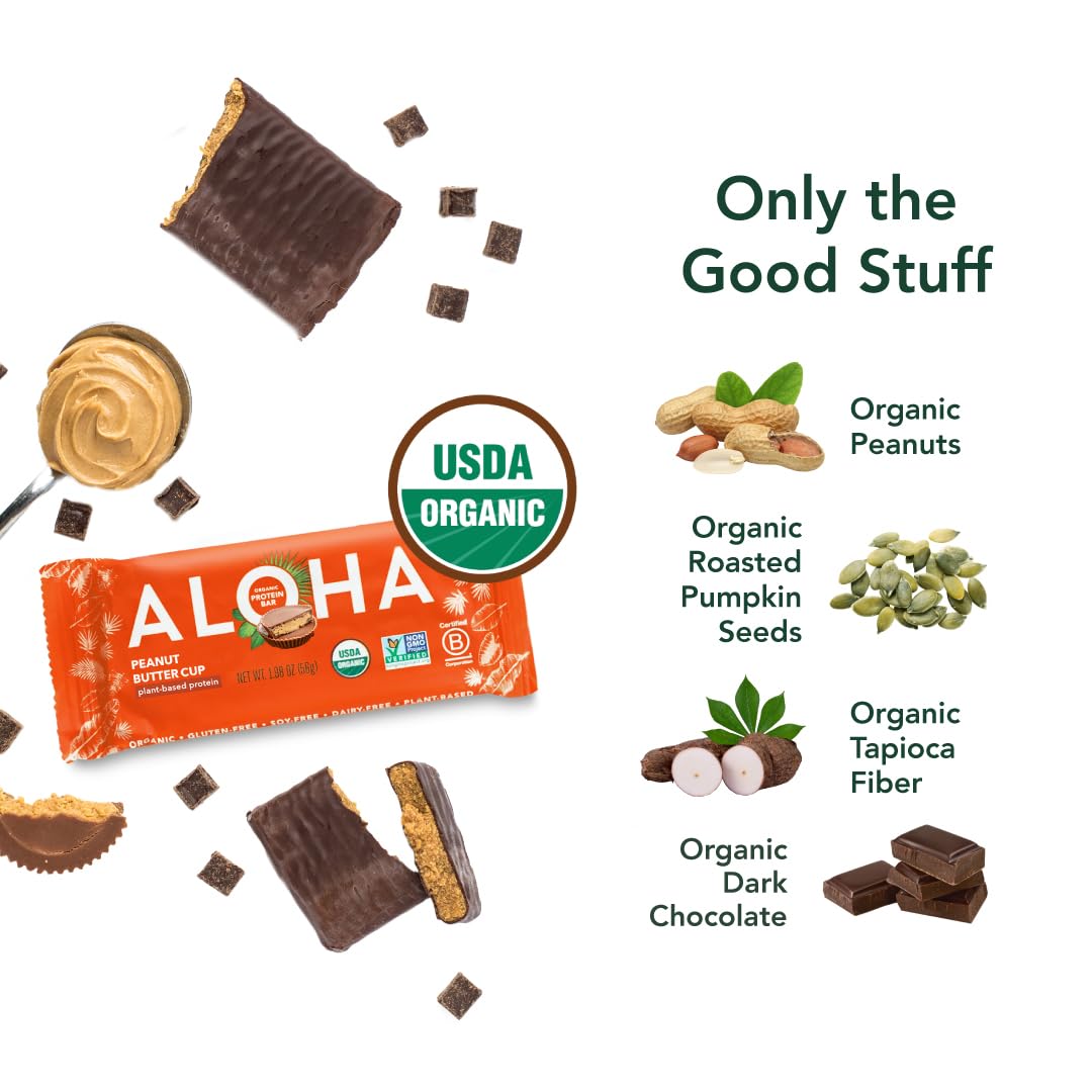 ALOHA Organic Plant Based Protein Bars - Peanut Butter Cup Bar - 12 Bars, Vegan, Low Sugar, Gluten-Free, Low Carb, Non-GMO, No Stevia, No Erythritol : Grocery & Gourmet Food