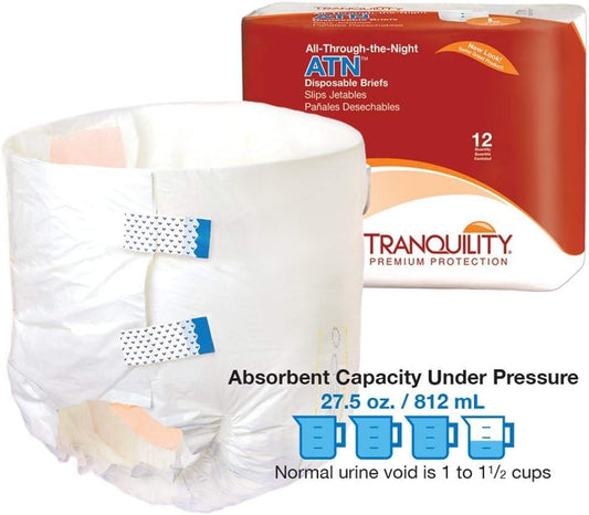 Tranquility Premium Atn Disposable Briefs With Tabs, Overnight Protection Superabsorbent Core For Leak-Free And Full-Fit Comfort, Large 96Ct Case