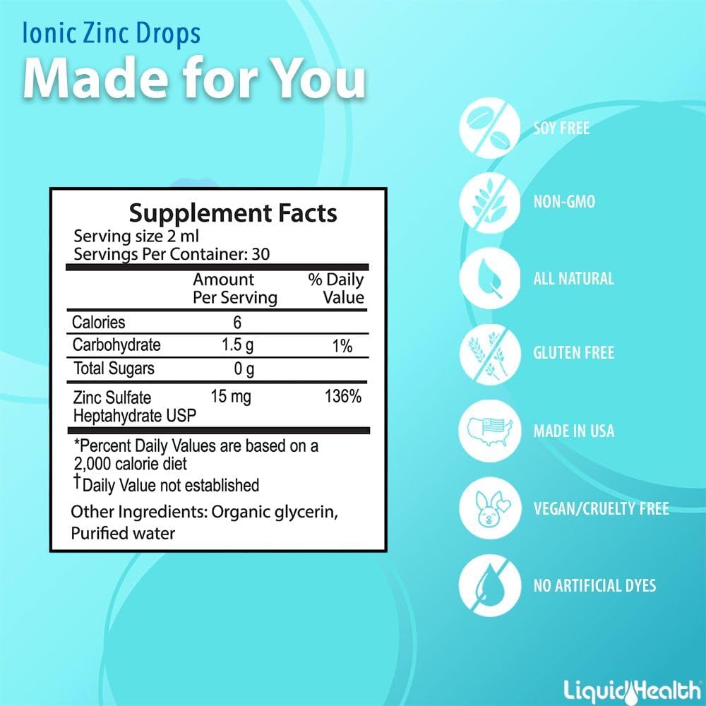 LIQUIDHEALTH Ionic Zinc 15mg, 2 Oz Zinc Liquid, Pure Zinc Vitamin Drops, Liquid Vitamin Zinc Supplement, Zinc Sulfate Heptahydrate for Adults, Men & Women, Toddler Zinc for Kids 4 & Up (2 Pack) : Health & Household