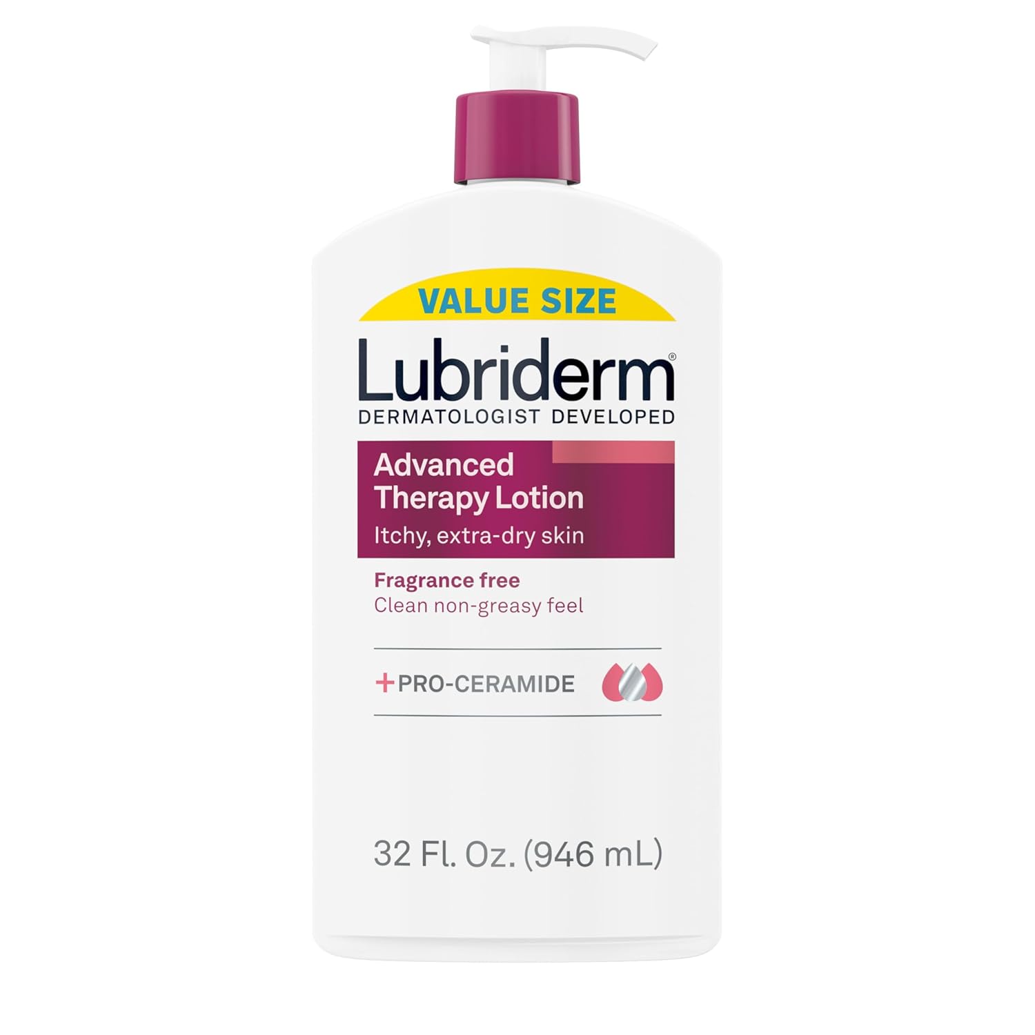 Lubriderm Advanced Therapy Fragrance Free Hand & Body Lotion + Pro-Ceramide, Intense Hydration For Itchy, Extra Dry, & Sensitive Skin, Non-Greasy, Hypoallergenic, Value Size, 32 Fl. Oz
