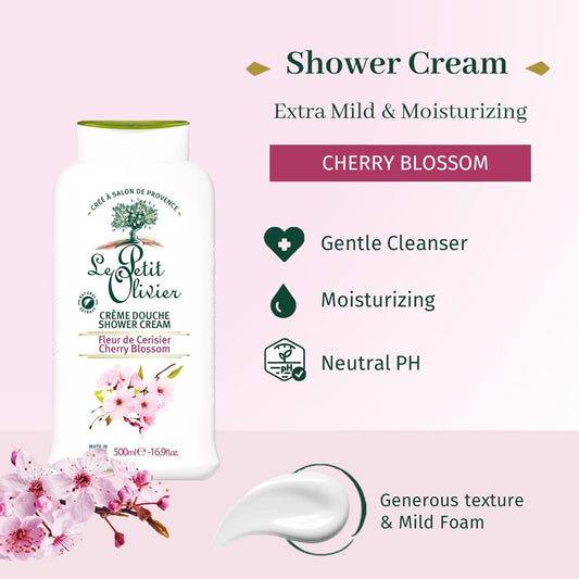 Shower Cream, Cherry Blossom, 16.9 Oz - Moisturizing Cream For Sensitive Skin - Natural Extracts - Enriched With Glycerin - Ph Neutral - Soap-Free - Dye-Free - In-Shower Body Cream