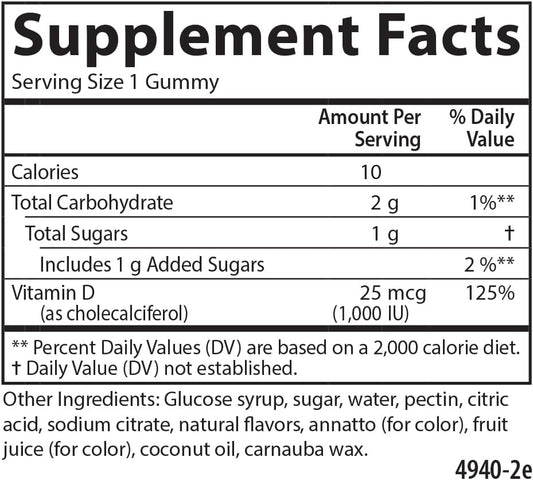 Carlson - Vitamin D3 Gummies, 1000 IU (25 mcg), Bone Health, Immune Support & Calcium Absorption, Natural Fruit Flavors, 60 Vegetarian Gummies