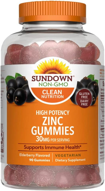 Sundown High Potency Zinc Gummies, 30mg, Supports Immune System Health, Elderberry Flavor, 90 Gummies
