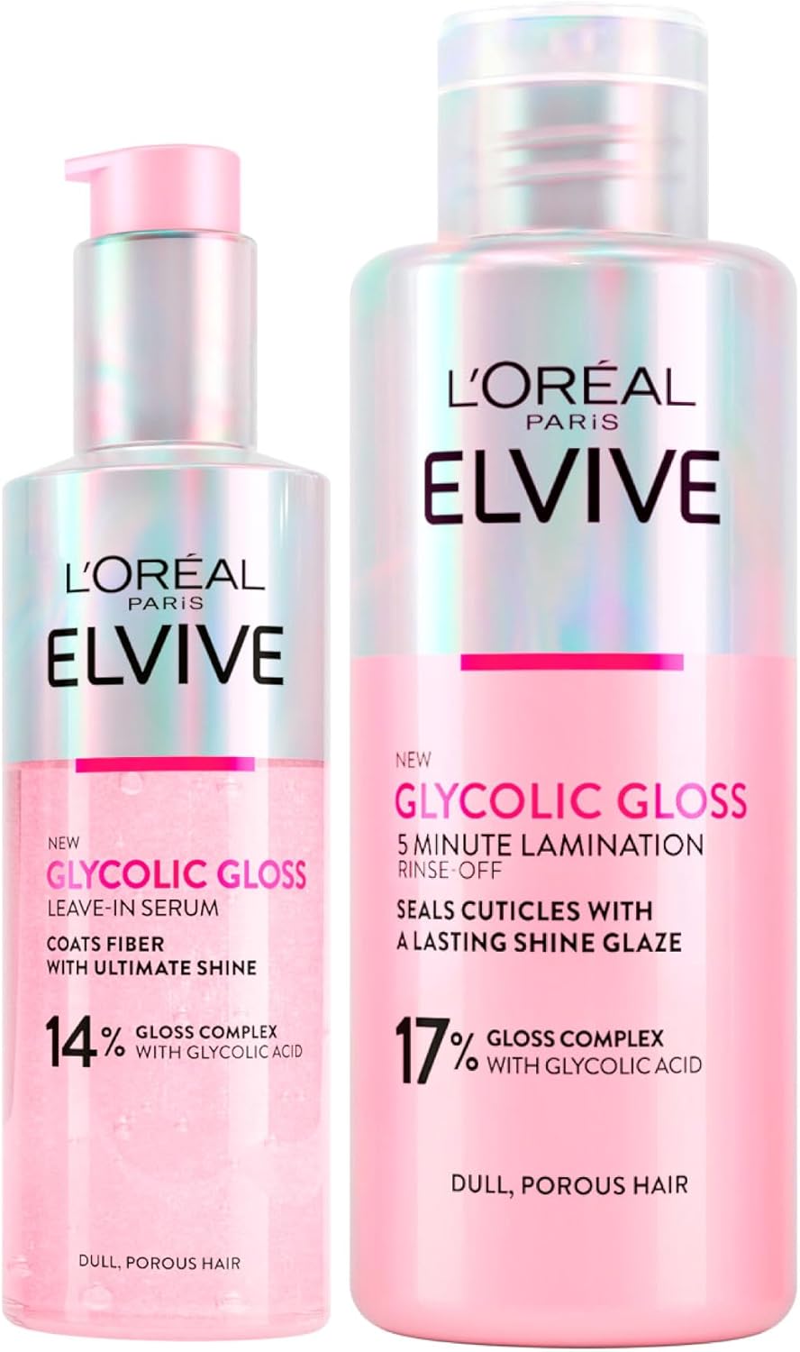 L'Oréal Paris Elvive Glycolic Gloss Conditioner 150Ml + Shampoo 200Ml + Leave-In Serum 150Ml Set For Dull And Porous Hair Intense And Long-Lasting Shine - 3 Bottles