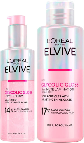 L'Oréal Paris Elvive Glycolic Gloss Conditioner 150Ml + Shampoo 200Ml + Leave-In Serum 150Ml Set For Dull And Porous Hair Intense And Long-Lasting Shine - 3 Bottles
