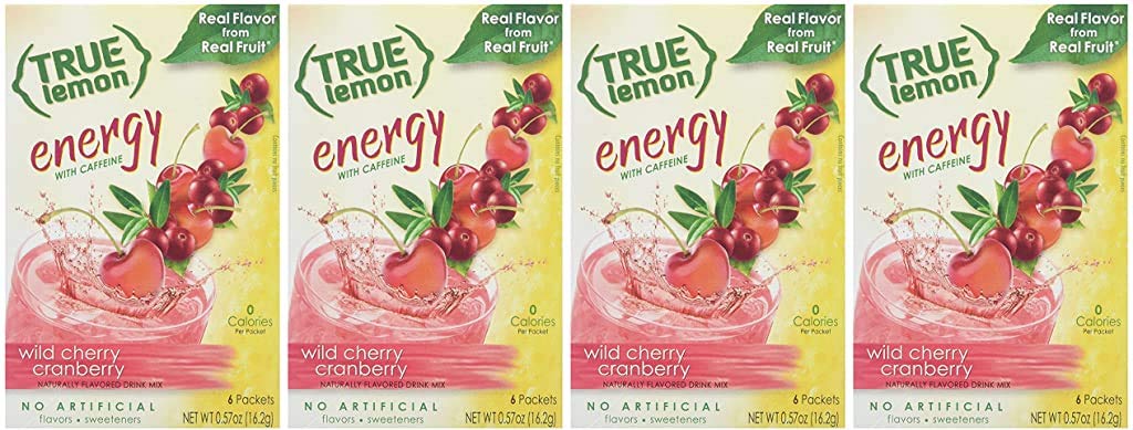 True Lemon (Energy Drinks) Wild Cherry Cranberry 4 Boxes, 24Ct Instant Powdered Drink Mix Packets, By True Citrus