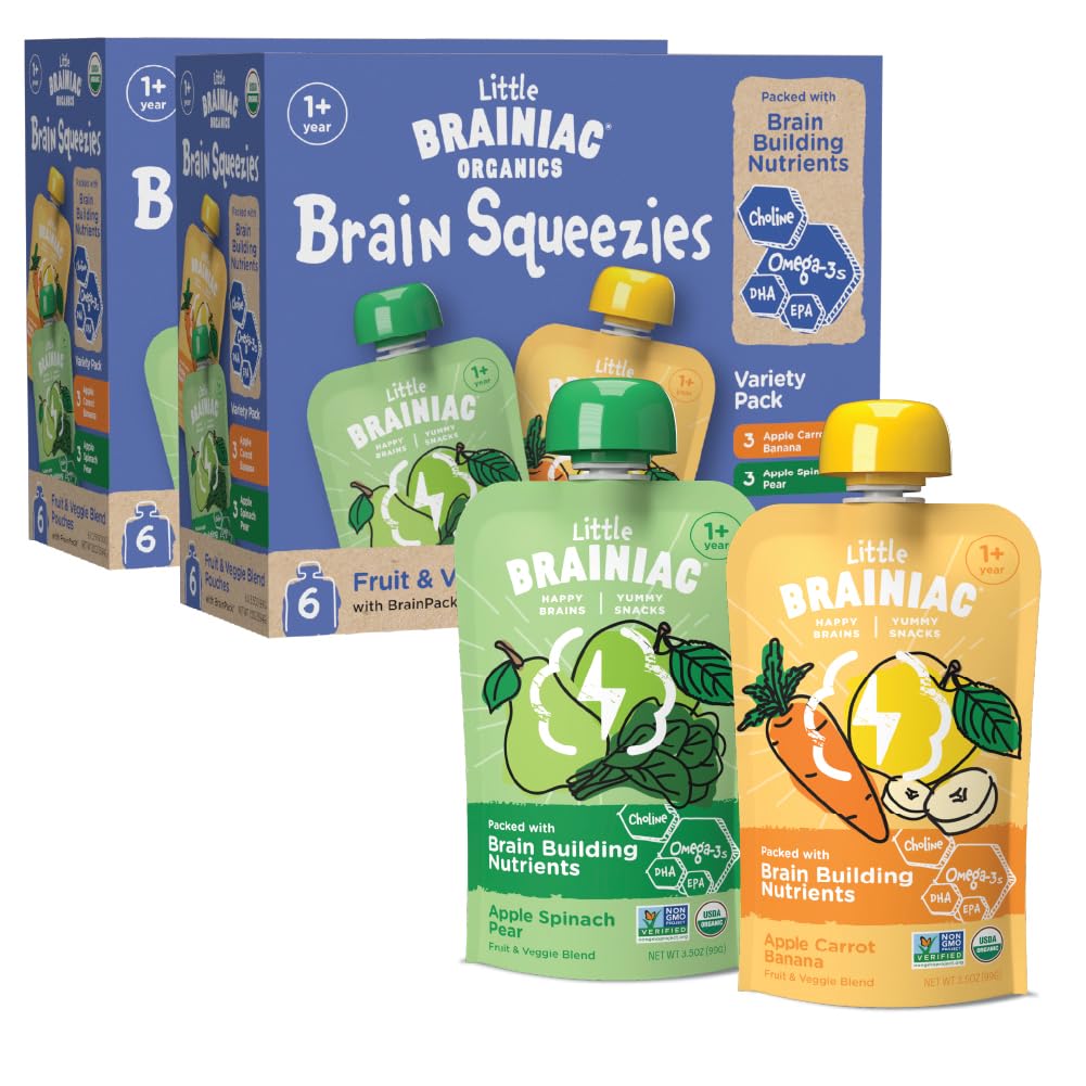 Little Brainiac Organic Fruit & Veggie Snack Brain Boosting Toddler Pouches, Two Flavor Variety Pack, Brain-Supporting Nutrients, Clean Label, BPA-Free, Non-GMO (3.5 oz, Pack of 12)