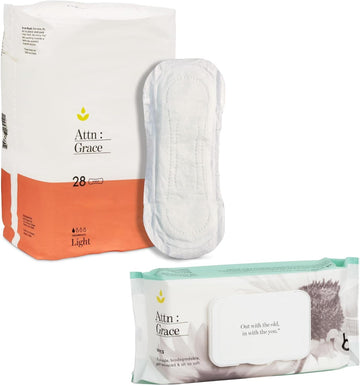 Attn: Grace Hybrid Incontinence Pads (28 Pack) & Flushable Wet Wipes Combo For Women - Light Absorbency & Wipes With Aloe Vera And Coconut Oil | Postpartum Support, Sensitive Skin-Friendly, Breathable