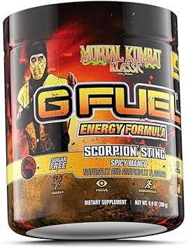 G Fuel Mortal Kombat Klassic Scorpion Sting Energy Powder, Sugar Free, Clean Caffeine Focus Supplement, Water Mix, Spicy Mango Flavor, Focus Amino, Vitamin + Antioxidant Blend, 9.9 Oz (40 Servings)