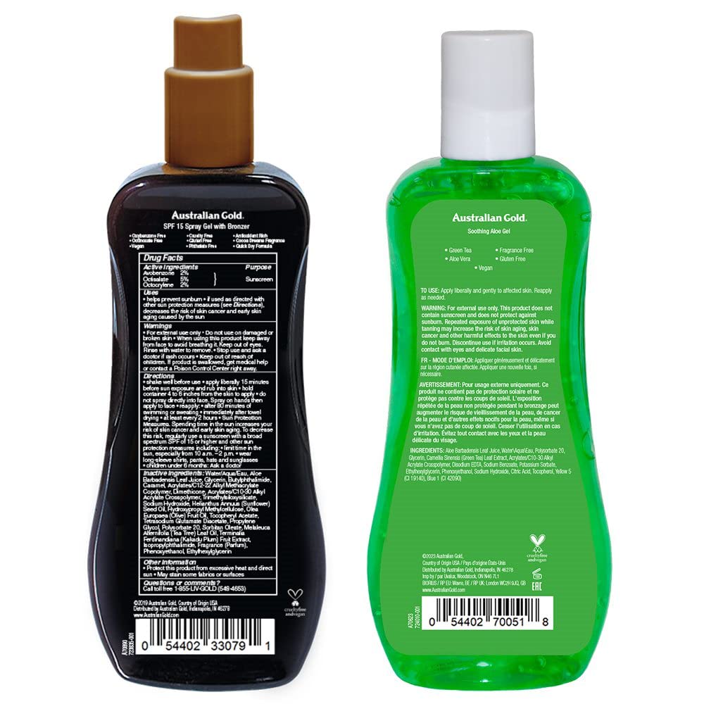 Australian Gold Sunscreen Gel Spray With Bronzer + Soothing After Sun Aloe Vera Gel, Hydrating Sunburn Relief & Broad Spectrum Uva/Uvb Spf 15 Sunscreen Spray, Water Resistant, Vegan Skin Care Set
