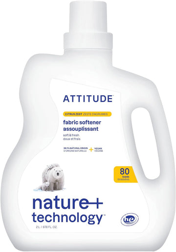 Attitude Laundry Fabric Softener Liquid, Vegan And Naturally Derived Detergent, Plant Based, He Washing Machine Compatible, Citrus Zest, 80 Loads, 67.6 Fl Oz