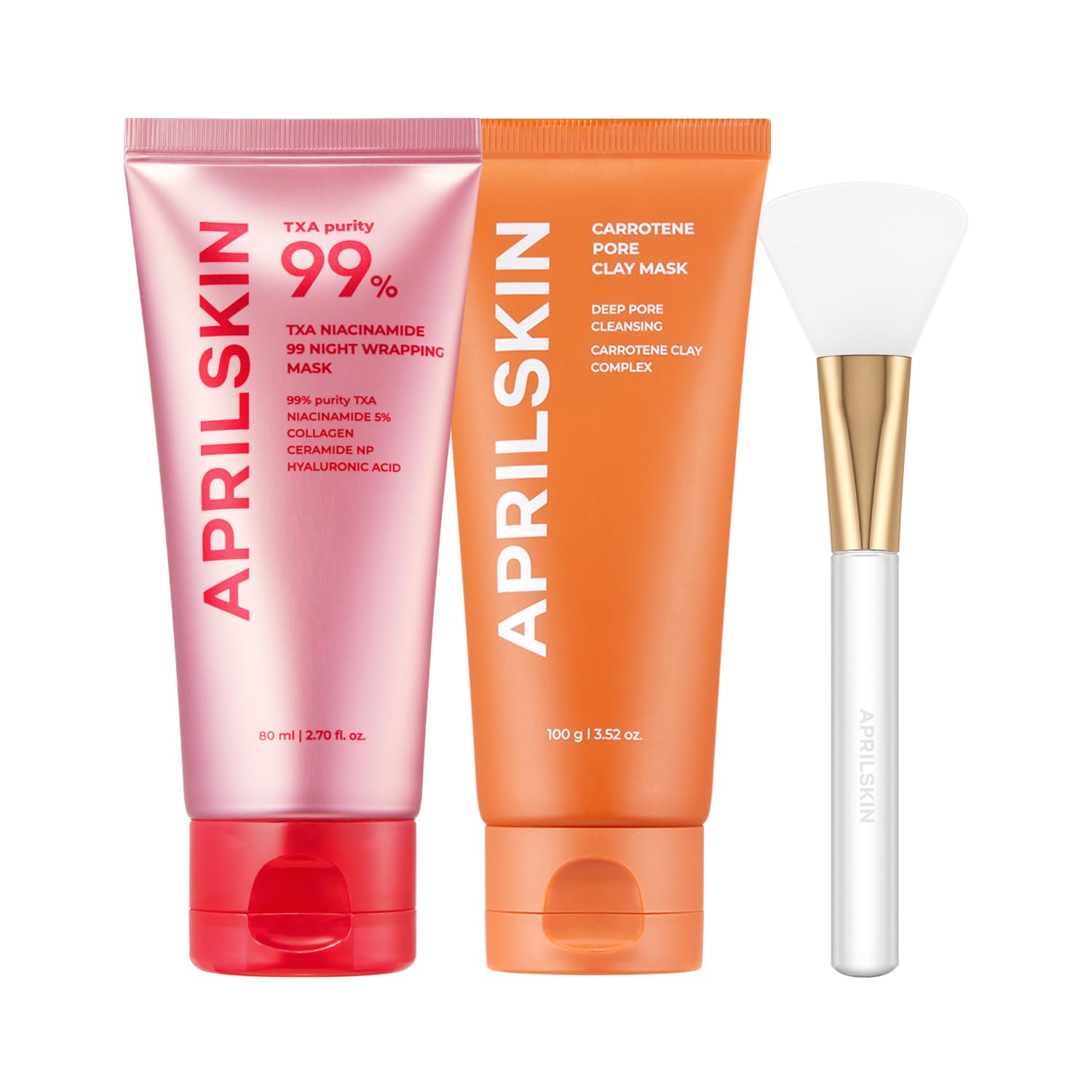 Aprilskin Day & Night Pore Care Mask Duo With Jelly Brush: Carrotene Ipmp 3-Min Quick Dry Pore Caring Clay Mask, Txa Niacinamide 99 Overnight Wrapping Mask And Jelly Brush