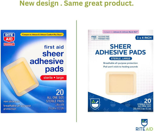 Rite Aid Sheer Adhesive Bandages with Sterile Non Stick Pad, 3" x 4" - 20 Count | Wound Care/First Aid Supplies | Bandage Wrap | Medical Tape for Skin Bandages