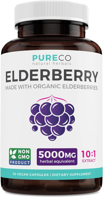Organic Elderberry Capsules - 10:1 Extract Equals 5,000mg of Fresh Elderberries (Vegan) for Immune Support, Allergy, Sinus Relief - Sambucus Nigra - Black Elderberry - 30 Caps (No Pills or Gummies)
