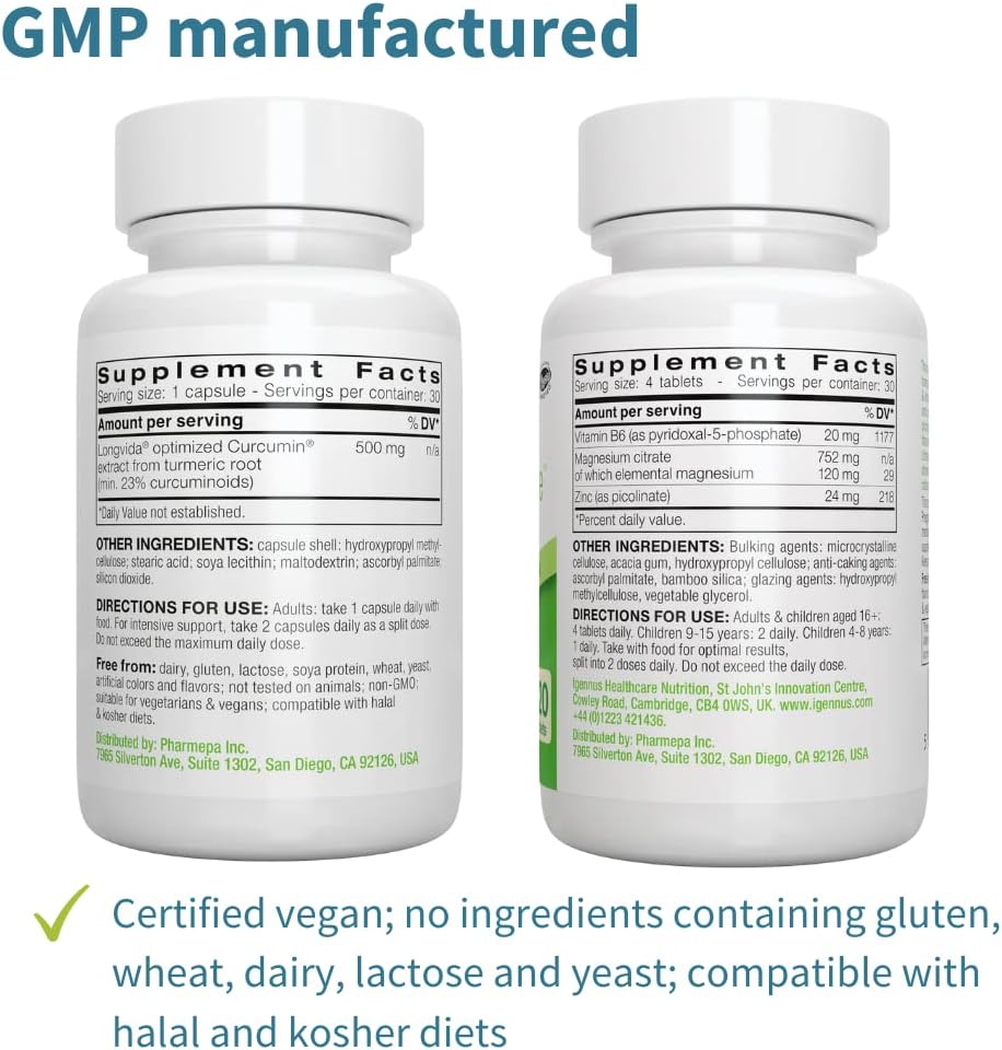 Longvida Curcumin 500mg + Neurobalance High Absorption Zinc Magnesium B6 Vegan Bundle, Ultra Bioavailable Curcumin with Chelated Zinc Picolinate 24mg, Oxide-Free Magnesium, by Igennus : Health & Household
