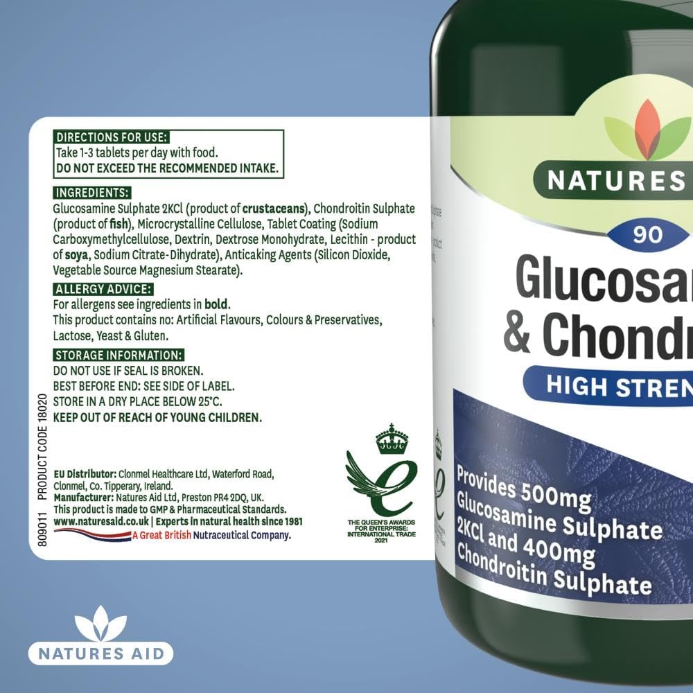 Natures Aid Glucosamine Sulphate 500mg & Chondroitin 400mg - High Potency Joint Supplement - Supports Mobility, Flexibility, Cartilage & Collagen Health - Gluten-Free, Non-GMO - 60 Capsules : Amazon.co.uk: Health & Personal Care