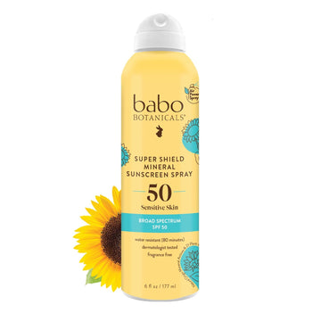 Babo Botanicals Super Shield Mineral Sunscreen Spray Spf 50 - Natural Zinc Oxide & Titanium Dioxide - Extra Sensitive Skin - Water Resistant - Vegan - Fragrance-Free - Air-Powered Spray - For All Ages