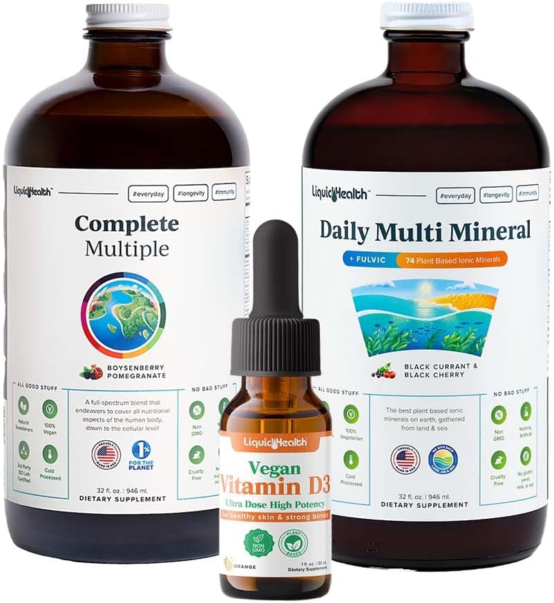 LIQUIDHEALTH Ultra Immunity Liquid Vitamin Bundle for Adults with Complete Multivitamin, Daily Multi Minerals and Vegan Vitamin D3 Drops - Immune Support Vitamins, Whole Foods, Vegan, Non GMO