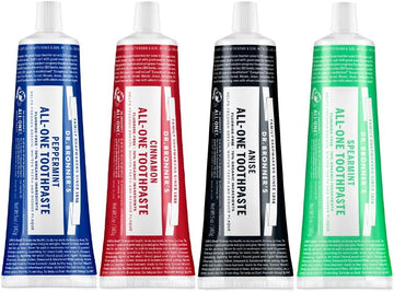 Dr. Bronner’s - All-One Toothpaste Variety Pack - Peppermint, Cinnamon, Anise, & Spearmint, 70% Organic Ingredients, Natural & Effective, Fluoride-Free, Helps Freshen Breath, Vegan (5oz, 4-Pack)