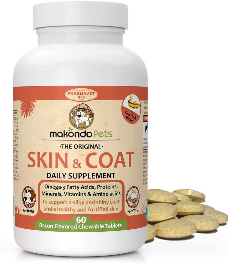 Skin and Coat Supplement with Fish Oil for Dogs and Cats. Dog Itch Relief with Vitamins and Omega 3 for Dry Flaky Skin. Dog Shedding Supplement to Regrow a Shiny Soft Coat. Dog Allergy Treatment