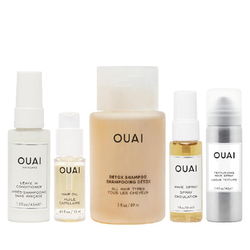 OUAI Travel Size Hair Care Bundle - Includes Mini Detox Shampoo, Hair Oil, Wave Spray, Texturizing Spray & Leave-In Conditioner - Hair Care Gift Set (5 Count, 3 Oz/0.45 Oz/1.7 Oz/1.4 Oz/1.5 Oz)