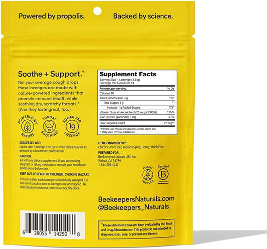 Soothing Honey Cough Drops - Immune Support With Vitamin D, Zinc And Propolis - By Beekeeper'S Naturals - Throat Soothing Lozenges, 14 Ct